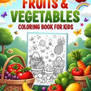 Fruits anFruits and Vegetables Coloring Book for Kids cover featuring smiling food characters and a 3-6 age ranged Vegetables Coloring Book for Kids cover featuring smiling food characters and a 3-6 age range